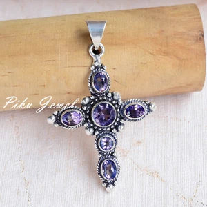 Faceted Amethyst Gemstone 925 Sterling Silver Cross Christian Faith Jewelry - Picture 1 of 7