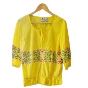 Caribbean Joe Yellow Floral Embroidered Boho/Peasant Top Size Medium - Picture 1 of 5