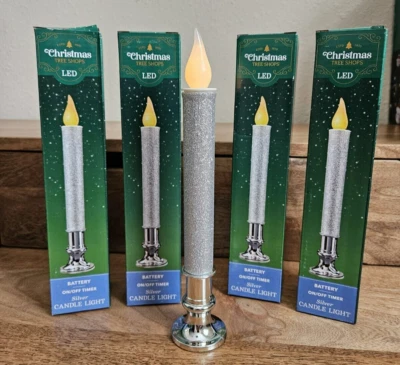 Set of 4 Silver Glitter Candles AA Battery Operated  LED Lights 9.5" NIB - Image 1 of 4