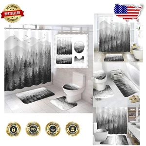 Luxury 4-Piece Misty Forest Shower Curtain and Rug Set in Chic Black and White - Picture 1 of 9