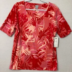 New Chico's Red Tropical Leaf Print Crew Neck Stretch Short Sleeve Top Large / 2 - Picture 1 of 8
