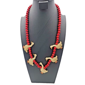 Wood Carved Ducks and Red Beads Necklace Nature Lover 30 inches long WO0733 - Picture 1 of 5