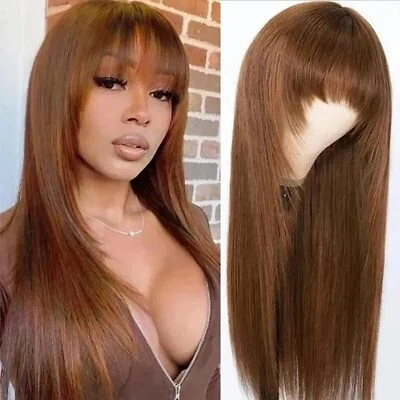 UNice Indian Ginger Brown Straight Human Hair Wigs with Bangs Glueless Wigs 150% - Image 1 of 4