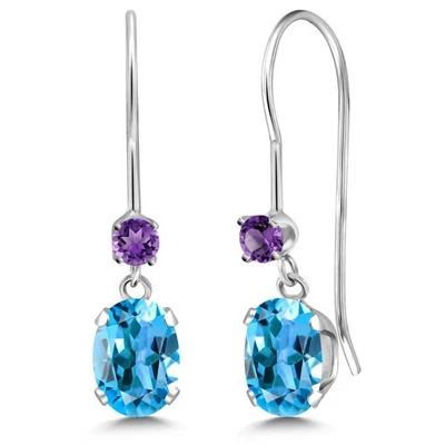 14K белое золото Швейцарский синий топаз и аметист французская проволока подвеской серьги для - Изображение 1 из 4