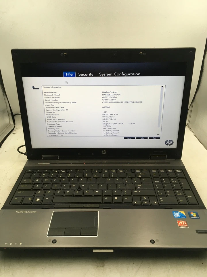 HP PROBOOK 8540W - BOOTS TO BIOS - INTEL I7 Q840 - 8GB RAM - READ DESCRIP - BB - Image 1 of 4