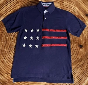 VTG Tommy Hilfiger Stitched Satin Stars & Stripes Polo Shirt Navy Blue Mens S - Picture 1 of 8