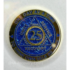 25 Años Alcohólicos Anónimos Medallón Azul Enchapado en Oro AA Sobriedad Chip Moneda - Imagen 1 de 6