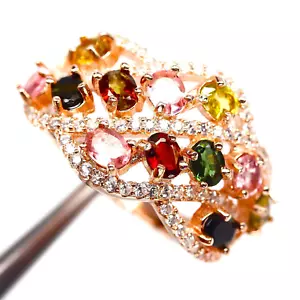 PRETTY MULTI-COLOR FANCY TOURMALINE RING WITH WHITE CZ 925 STERLING SILVER SZ 7 - Picture 1 of 3