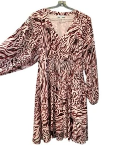 Wayne Cooper Dress Size 12 Short Animal Print Long Sleeve Flowy Vee Neck - Picture 1 of 11