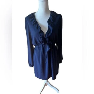 About Us navy blue ruffled plunging v-neck dress - Picture 1 of 6