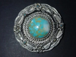 Antique Navajo Sterling Silver Brooch w Gold Matrix Turquoise & Beaded Surround - Picture 1 of 12