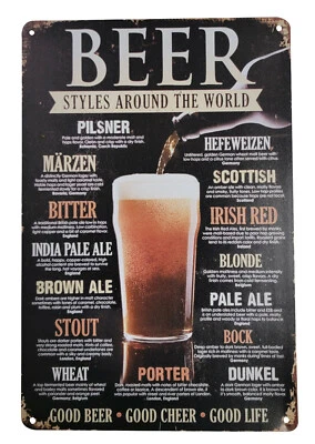 8" x 12" Metal Tin Bar Sign  (Beer - Styles Around The World) Vintage Rustic   - Image 1 of 4