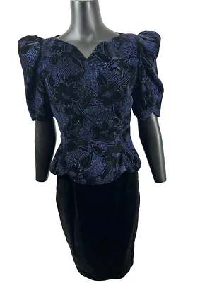 Scott McClintock Dress Black Velvet Blue Glittered Open Back Women's Size 10 80s - Image 1 of 4