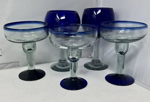 Set Of 5 Cobalt Blue Mexican Hand Blown Margarita Glasses - Picture 1 of 7