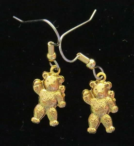 Teddy Bear Earrings Waving Bears 24 Karat Gold Plate or Oxidized Matte Silver - Picture 1 of 5