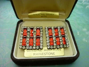 Square Sterling Stud Wire Vintage Crystal Earrings - Red Austrian Rhinestones - Picture 1 of 2