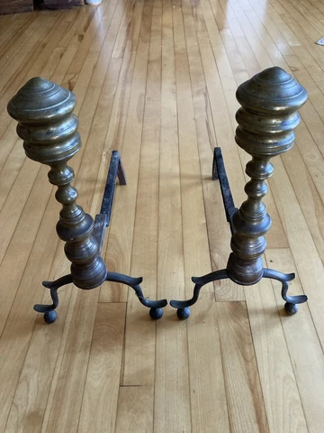 Antique 19th C 1830s Wrought Iron Brass Andiron Early American Fireplace Tool Cover