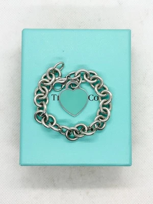 Tiffany & Co 925 Return To Tiffany Esmalte Azul Corazón Etiqueta Cadena Pulsera 6” 28g Foto 1 de 4