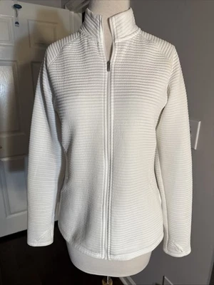 阿迪达斯女式高尔夫白色必备夹克中号前拉链长袖口袋 — 第 1/4 张图片