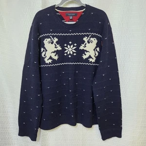 VGT Tommy Hilfiger Lambswool Crewneck Sweater Men's XXL Heraldic Lion Navy/Cream - Picture 1 of 10