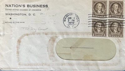 Nations Business 704 1/2 Cent George Washington EARLY Advertising FDC 1/1/1932  - Image 1 of 3