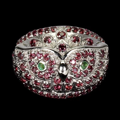 925 Sterling Silver Ring Round Rhodolite Garnet Emerald Gemstone Owl Jewelry - Image 1 of 4