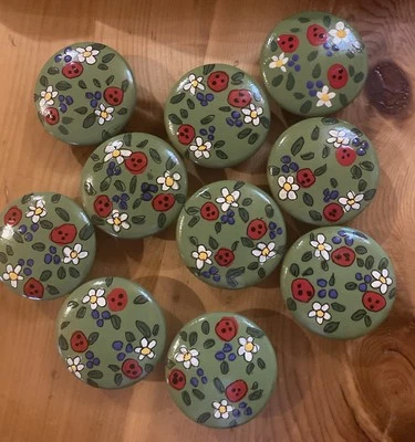 "10 tiradores/perillas de cajón de madera pintados a mano verde/rojo/blanco 2"" NOS" Foto 1 de 3
