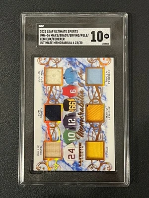 Mays Brady Erving Pele LeMieux Federer 2021 Leaf Ultimate Memorabilia /30 SGC 10 - Image 1 of 2