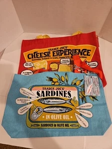 2 Trader Joe's wiederverwendbare Canvas Baumwolle Beuteltasche Einkaufstasche Set-Käse & Sardinen Neu mit Etikett - Bild 1 von 7
