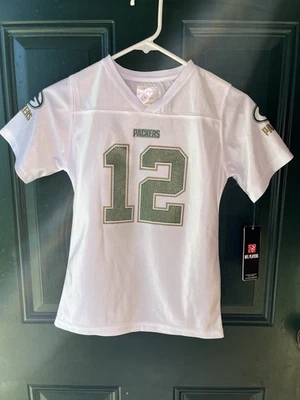 Camiseta nova com etiquetas NFL oficial meninas 7/8 ouro verde branco #12 RODGERS brilha gola V - Imagem 1 de 4