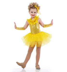 Glam GELB Kinder XL Tanz Kostüm Glitzer Pailletten Ballett Tutu Steppkleid Neu - Bild 1 von 9