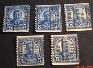 5 - 1924 US Stamps Sc #602 - 5 Cent - Precancels - NY & OH - Used/NG/F-VF - Picture 1 of 2
