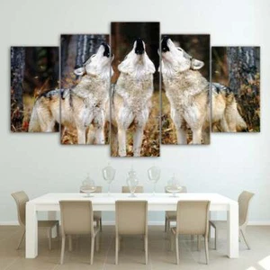 Multi Panel Trio Wolves Canvas 5 Piece Wolf Pack Frame Wall Art Nature Country - Picture 1 of 11