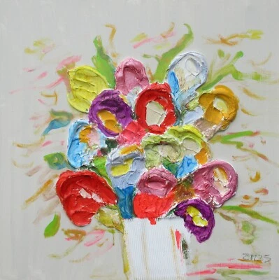 Blumenbild 3D Gips Plastisch Bunt Acryl 80x80 cm Wandobjekt Dekobild gespachtelt - Bild 1 von 4