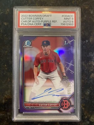 2022 Bowman Draft CUTTER COFFEY 1st Autograph Purple 073/250 PSA MINT 9/Auto 8 - Image 1 of 2