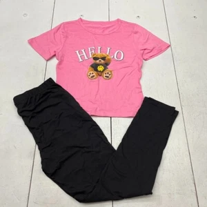 Pink & Black "Hello" Graphic Print Short Sleeve Pajama Set Girls Size Large NEW - Picture 1 of 8