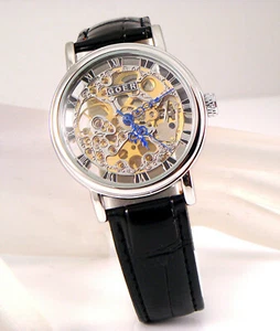 Silver Mechanical Wind-up Skeleton Steampunk Unisex Black Leather Heirloom Watch - Picture 1 of 12