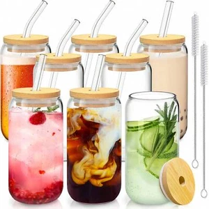 8 Pcs 16 Oz Glass Cups - Bamboo Lids, Straws, for Ice Coffee etc, with 2 Brushes - Picture 1 of 5