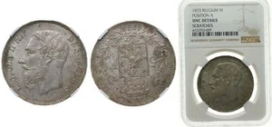 Belgium 1873 5 Francs Silver (.900) (10% copper) NGC UNC - Picture 1 of 1