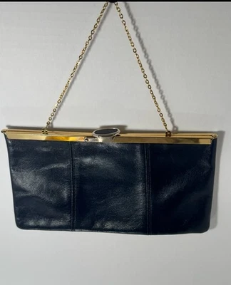 Bolso de noche vintage de cuero genuino Etra - negro, cadena dorada, cierre de cabujón Foto 1 de 4