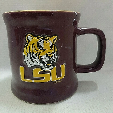 Louisiana State University Tigers Coffee Tea Cup Mug Shiny Gold/Purple 3D logo Cover