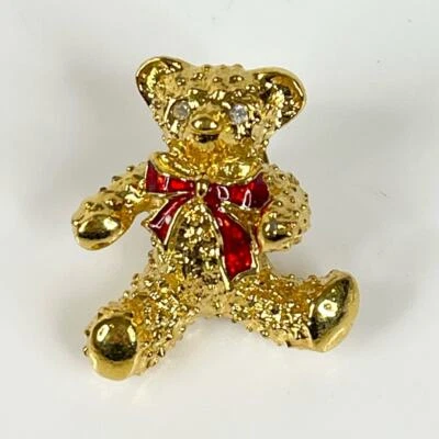 VTG Gold AVON Teddy Bear BROOCH Pin / Pendant 1" Bear Crystal Eyes Red Bow - Image 1 of 4