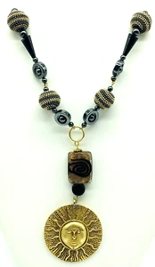 Gold Back Glass Bead Hematite SUN MEDALLION Fashion Necklace 21" - Picture 1 of 10