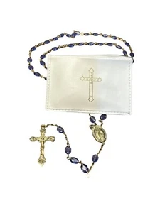 Rosary with Blue Beads Catholic Necklace With Small Pouch Religion Church - Picture 1 of 4
