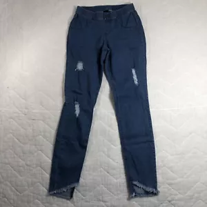 Hue Jeans Women’s Small Denim Blue Pull On Skinny Raw Hem Jeggings Distressed - Picture 1 of 16