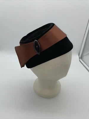 Vintage Black Velvet Brown Satin Hat Black Body Made in France Size 22 - Image 1 of 4
