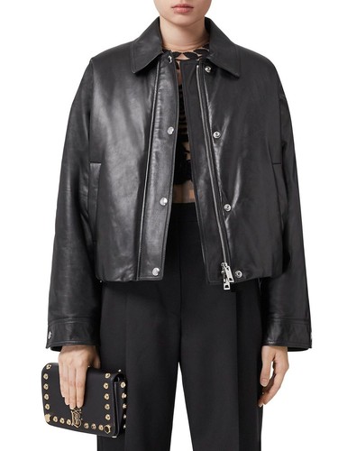 $4950 Burberry Ayton giacca da motociclista da donna in pelle di agnello nera US 2 UK 4 EU 36