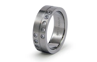 8mm Men's Titanium Ring Band 5 Side Asymmetrical CZ Stones Brushed Comfort Fit - Image 1 of 2