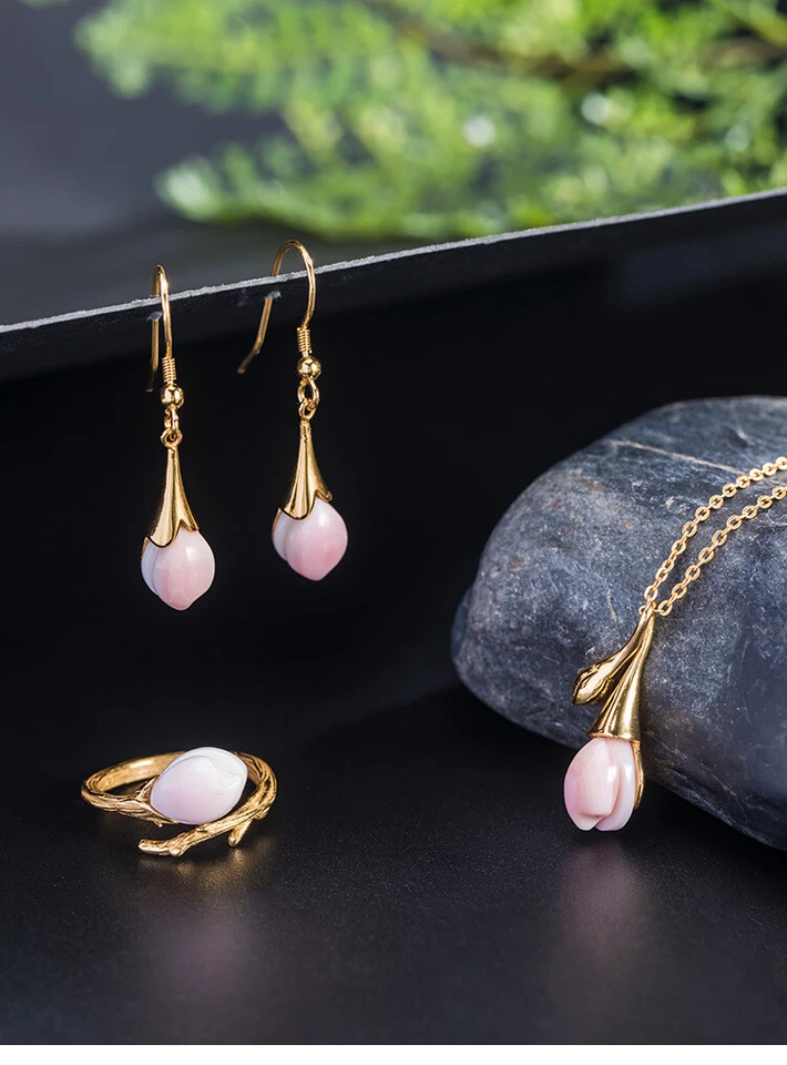 I04 Set Gioielli Fiore con Rosa Guscio Collana Ciondolo Orecchini Anello Argento - Immagine 1 di 3