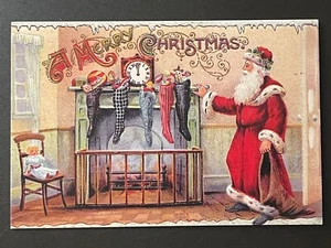 CARTOLINA NATALE - BABBO NATALE HA RIEMPITO LE CALZE -RIPRODUZIONE - Foto 1 di 2